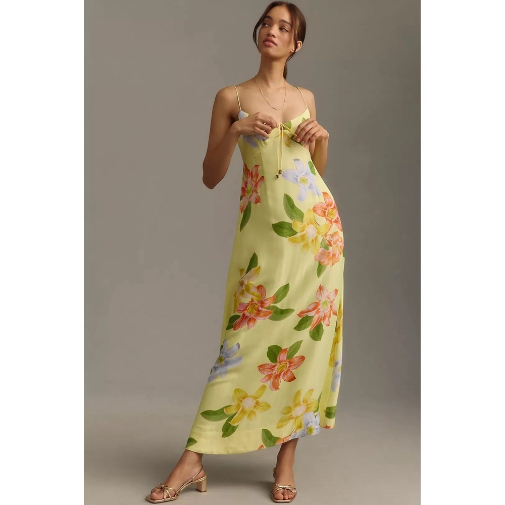 Anthropology Maeve Sweetheart Slip Dress Yellow Floral Sz Large Maxi Boho Fairy